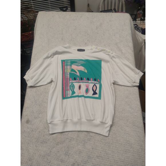 Vintage Haber Women's M Short Sleeve Art to Wear Fish Nautical Graphic Top Jesus - Picture 2 of 12